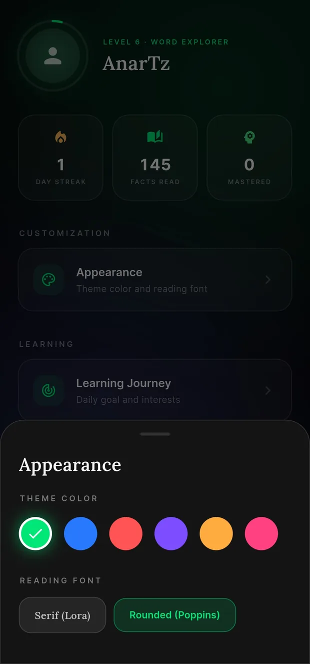 The Appearance sheet, choosing an accent colour and reading font.
