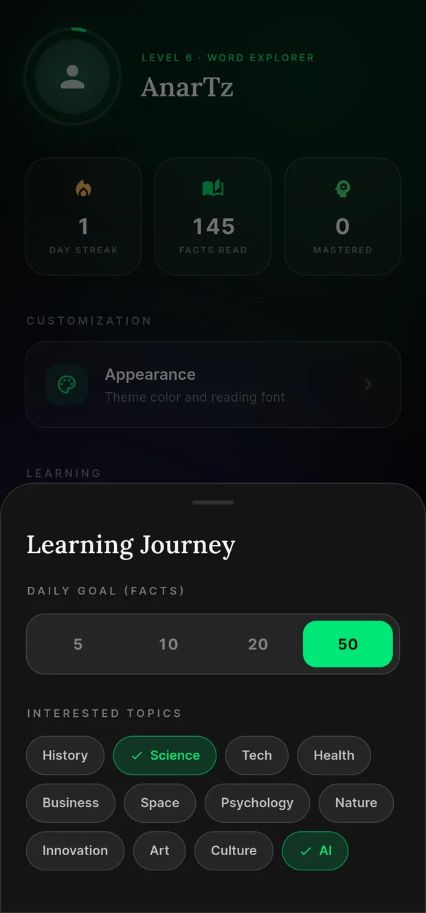 The Learning Journey sheet, setting a daily goal and choosing topics.