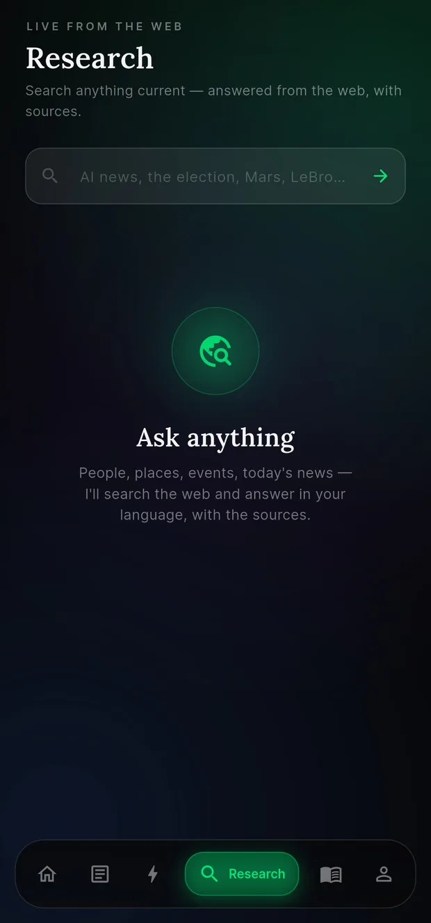The Research tab, ready to answer a question using live web search.